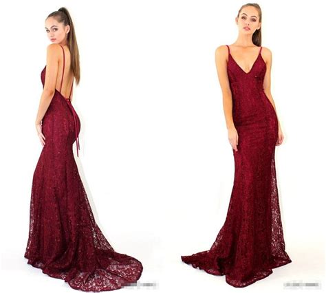 Trumpet With Trailing Red Sexy V Neck Lace Sling Prom Dress Party