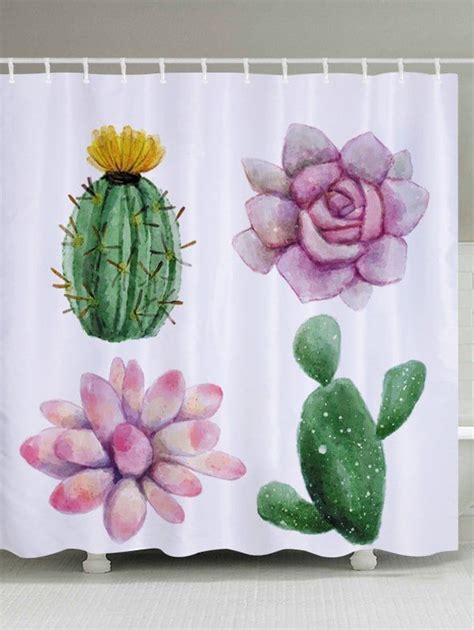 Succulent Plants Pattern Fabric Waterproof Bathroom Shower