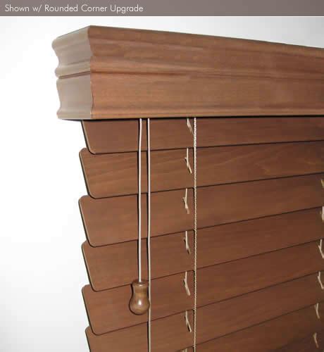 The two on one headrail option is recommended for larger, heavier shades, and will split your blind so that two blinds will be mounted. Rounded Wood Blinds with Decorative Fabric Tape