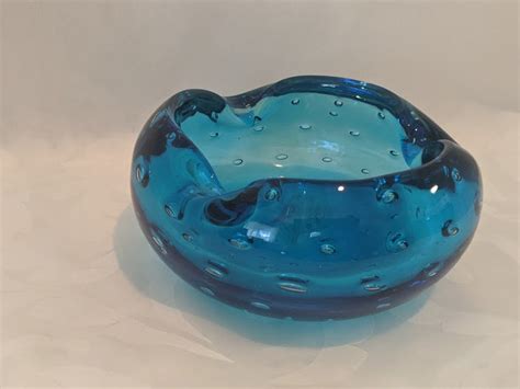 Vintage Murano Controlled Bubble Blue Ashtray Aqua Blue Mid Century Hand Blown Glass Ashtray