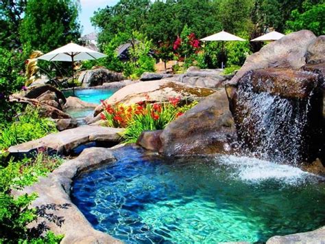 Swimming Poolbeautiful Pool Waterfall With Decorative Rock Garden