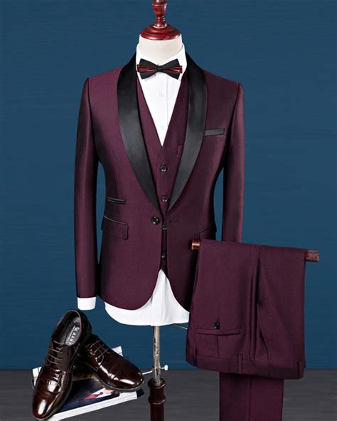 Black And Burgundy Groom Suit For Wedding Prom Tuxedo For Men Shawl La