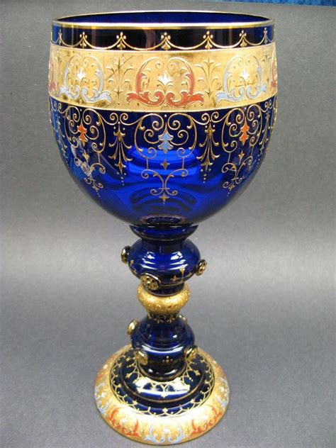Moser Bohemian Glass Gold Gilt Enameled Large Goblet Signed Lalique Moser Glass Cobalt Glass