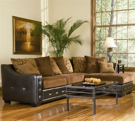 Small traditional living room with sectional coffee brown sofa with light gray. Sectional Sofa 503001 Chocolate Chenille/Dark Brown Vinyl Base