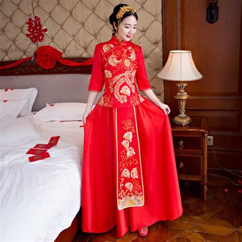 2018 long chinese traditional wedding dress red cheongsam sexy qipao women phoenix embroidery