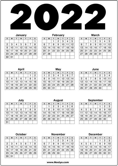 2022 Calendar Printable Black And White