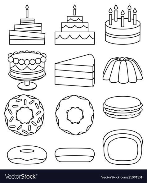 Line Art Black And White 12 Dessert Icon Set Vector Image