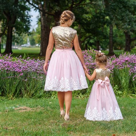 Mother Daughter Matching Tutu Lace Dress Gold Sequin