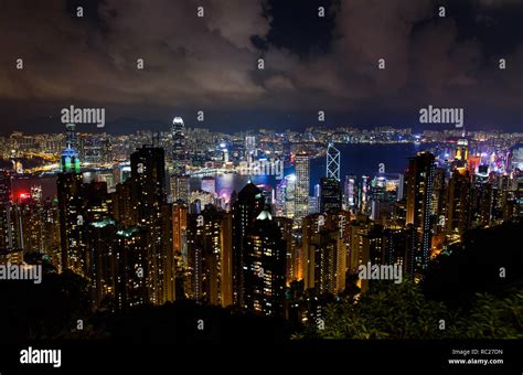 Hong Kong Modern Cityscape View From The Victoria Peak At Night Stock
