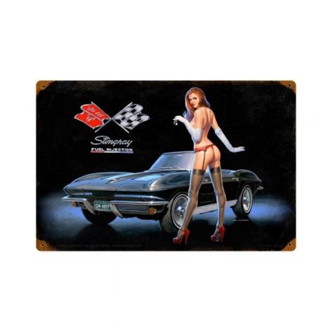 Corvette Stingray Fuel Injection Pinup Girl Metal Sign Etsy