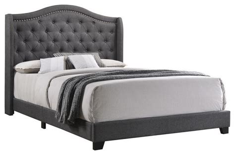 Fabric Upholstered Wooden Demi Wing Queen Bed With Camelback Headboard