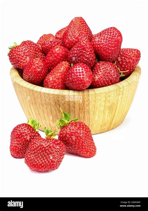 Fresh Strawberries In Wooden Bowl Isolated On White Background Stock