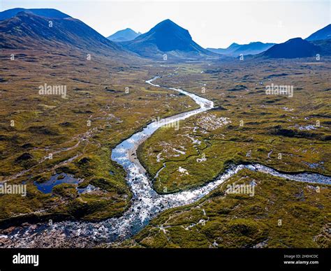 Aerial Of A River Sneaking Through The Moor Of The Black Cuillin Ridge