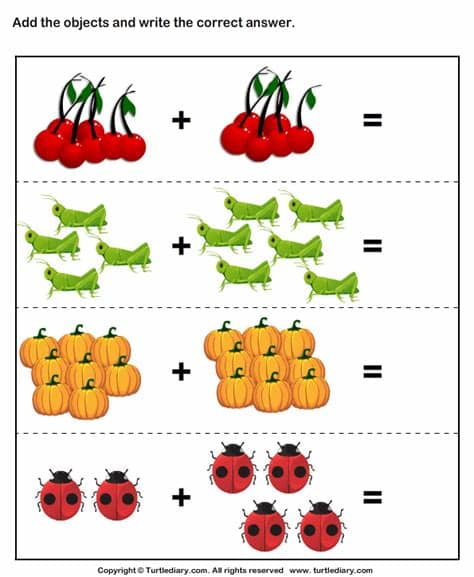 Addition with Objects Worksheet - Turtle Diary