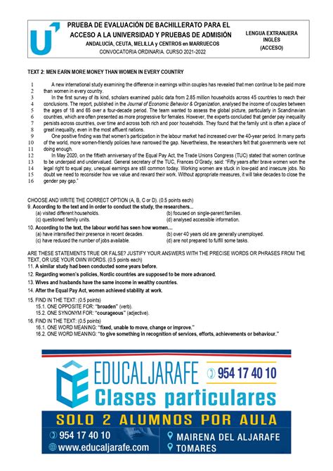 Examen De Inglés De Selectividad Andalucía 2022 Educaljarafe