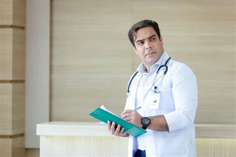 Portrait Medical Male Doctor Wear White Coat Hanging Stethoscope Taking