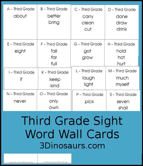 Dolch Third Grade Sight Word Wall Cards 3 Dinosaurs