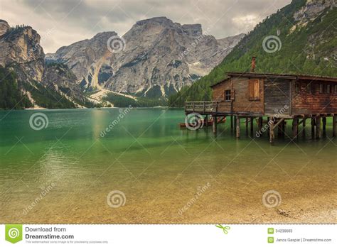 Braies Lake And Boats In Mountain In Dolomites Stock Photo