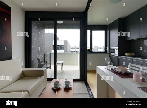 Small Studio Apartment Open Space Living Room And Kitchen Stock Photo