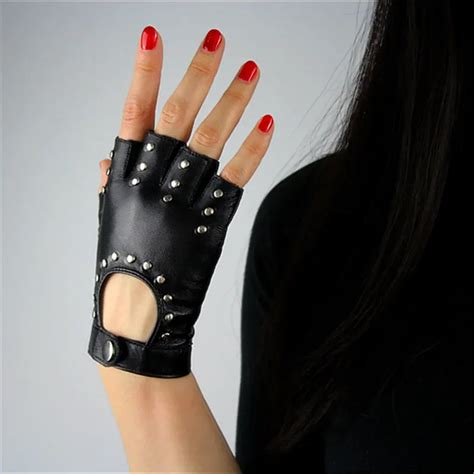 Genuine Leather Pure Sheepskin Black Women Semi Finger Fingerless Gloves Female Fashion Hip Hop