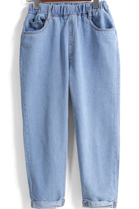 Blue Elastic Waist Pockets Denim Pant Sheinsheinside