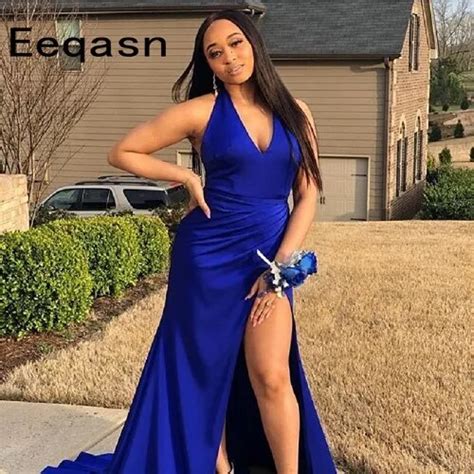 Plus Size Royal Blue Mermaid Prom Dresses 2019 V Neck Stretch Satin