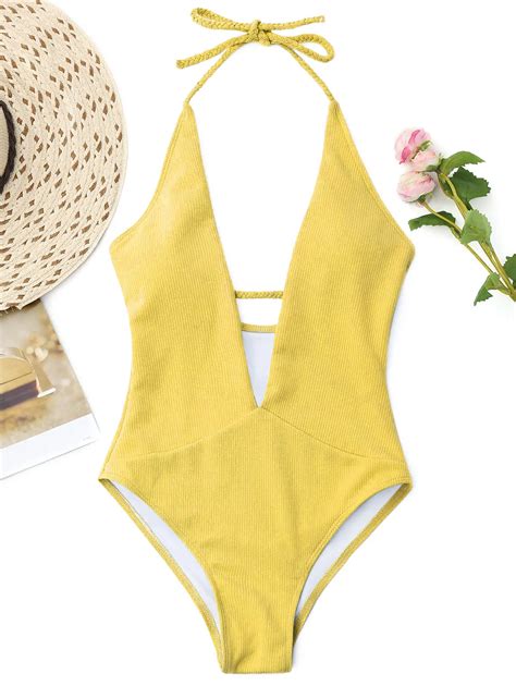 Zaful 2018 New Women One Piece Plunge Neckline Ribbed Plaited Swimwear Women Swimsuit Padded