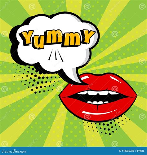 White Speech Bubble With Yummy Word And Red Lips On Green Background