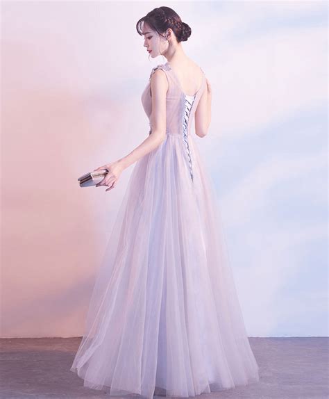 Gray V Neck Tulle Lace Long Prom Dress Gray Tulle Evening Dress Shopluu