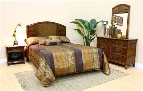A tropical bedroom with a canopy hanging over the bed, wicker chairs, touches of green for refreshing the space. Polynesian 4 PC Twin Bedroom Set in Antique F - Tropical ...