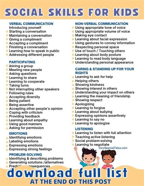 66 Important Social Skills For Kids Printable Pdf Very Special Tales