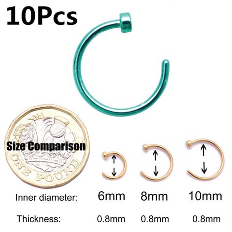 Uhuse 10pcs 6810mm Nose Ring Titanium Plated Hoop Lip Nose Rings