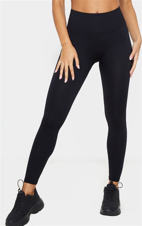 Black Ribbed Seamless Sports Legging Active Prettylittlething Ie