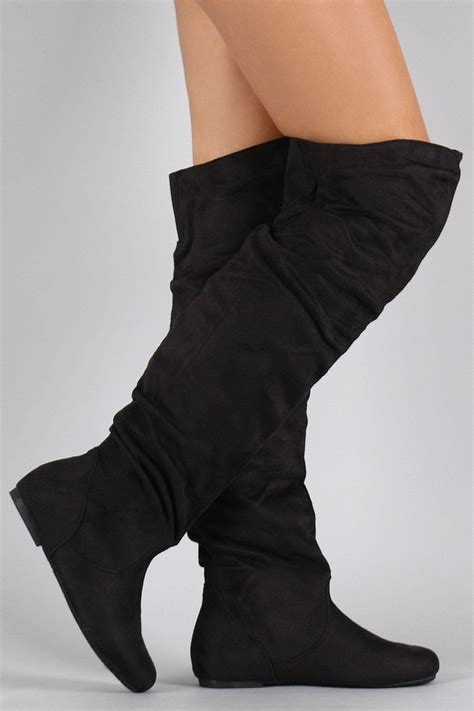 suede slouchy over the knee flat boot leather boots heels low heel boots black suede boots