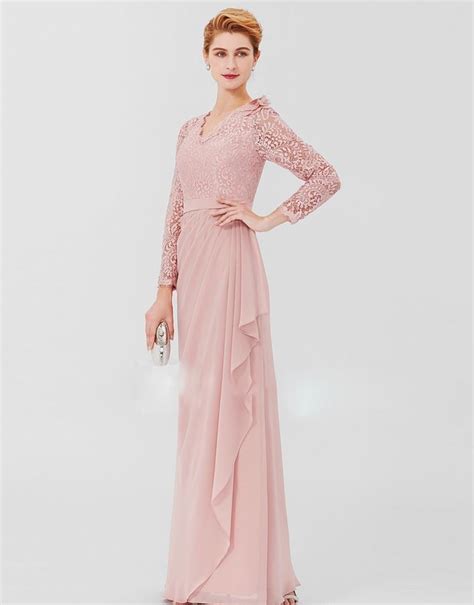 Pink Mother Of The Bride Dresses V Neck Long Sleeves Lace Chiffon A