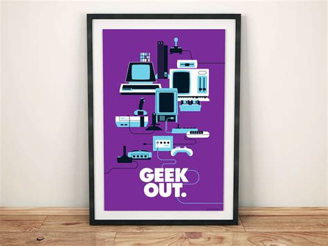 A Purple Poster With The Words Geek Out In Front Of It And Various