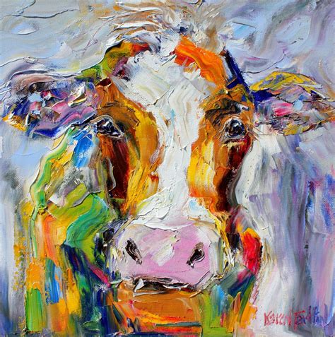 Colorful Cow Painting Original Oil 12x12 Abstract Palette Knife