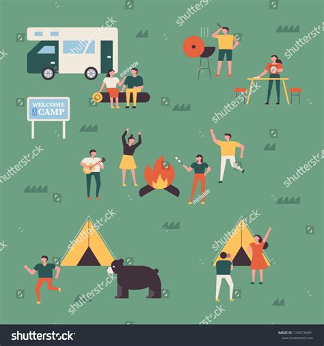 People Who Spend A Good Time Camping Together In The Campsite Flat