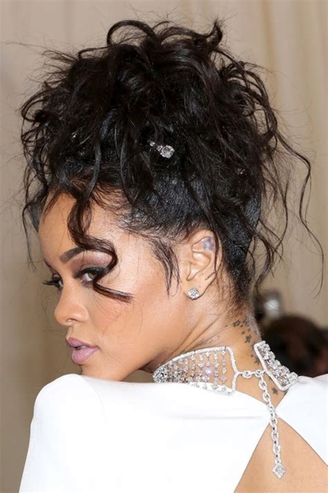 Rihanna Wavy Black Face Framing Pieces Updo Hairstyle Steal Her Style
