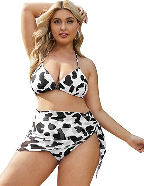 Romwe Women S Plus Size Cow Print Striangle High Waist Halter Bikini