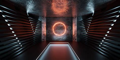Empty Futuristic Dark Black Metal Basement With Orange Circle Neon