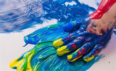 Mãos Da Criança Pintadas Em Pinturas Coloridas Conceito Da Educação Da