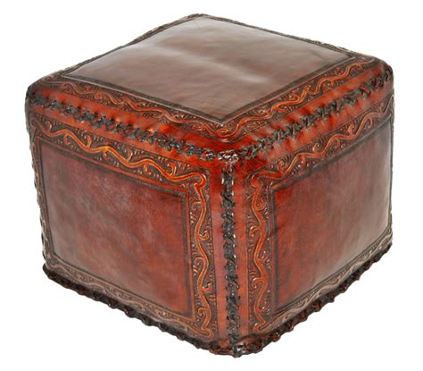 Tooled Leather Large Square Ottoman with Classic Stitch in Antique Brown