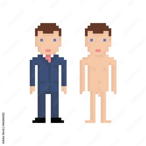 Pixel Art Man In Blue Suit And Naked 8 Bit Retro Illustration Vector De