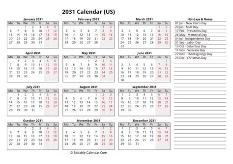 Download Editable Calendar Template 2031 With Us Holidays Monday Start