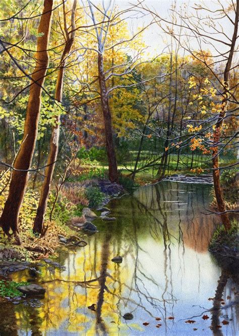 Golden Autumn Creek Landscape Watercolor Painting Print By Cathy
