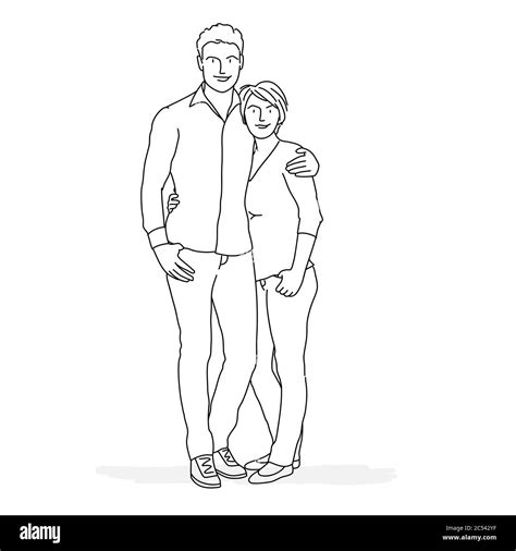 Line Drawing Of Vector Illustration Of Happy Couple Stand Hugging Each Other Stock Vector Image