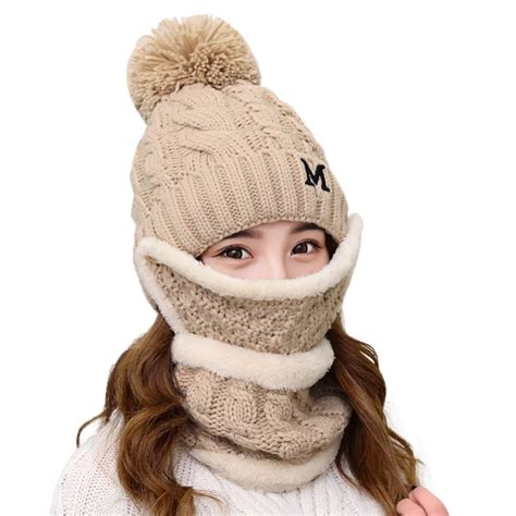 hat female mask scarf warm womens beanie winter hat scarf masks ear set slouchy snow knit skull