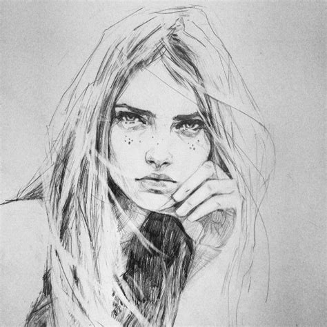 A Pencil Drawing Of A Woman With Long Hair And Freckles On Her Face