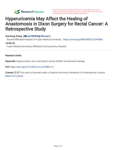 Pdf Hyperuricemia May Affect The Healing Of Anastomosis In Dixon Surgery For Rectal Cancer A